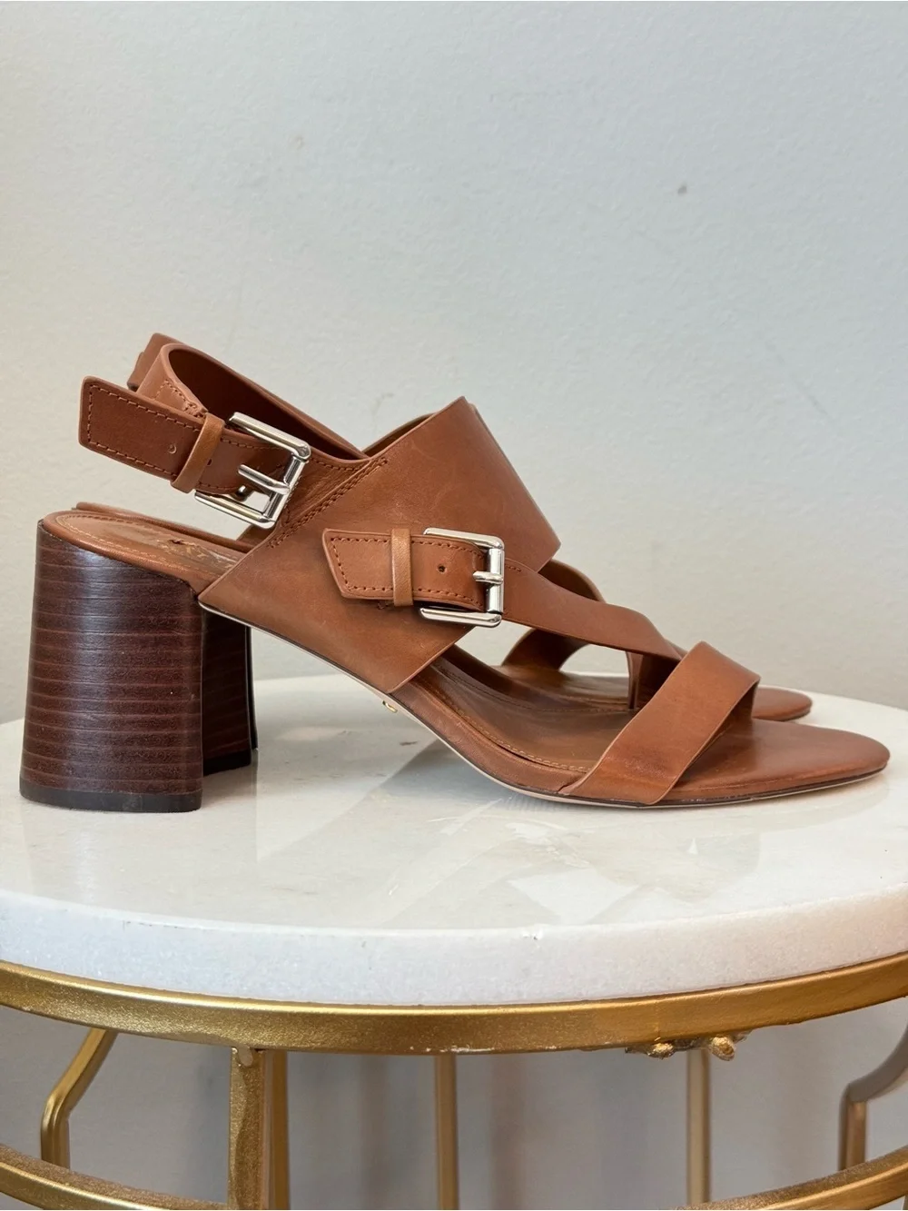 Ralph Lauren Tan Leather Block Heel Sandals